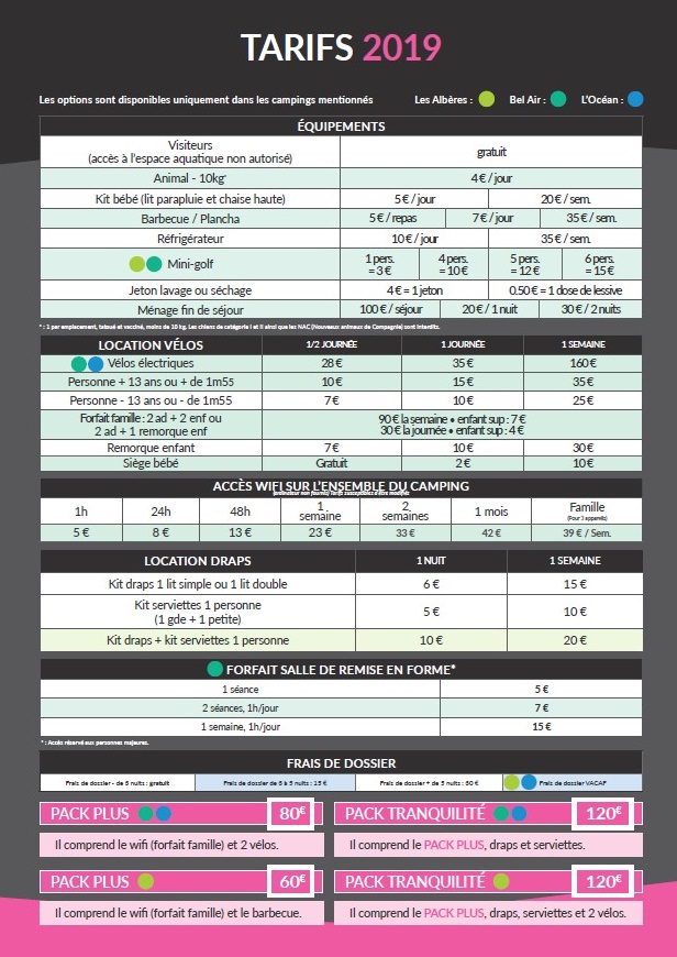 Tarifs options campings cybèle vacances